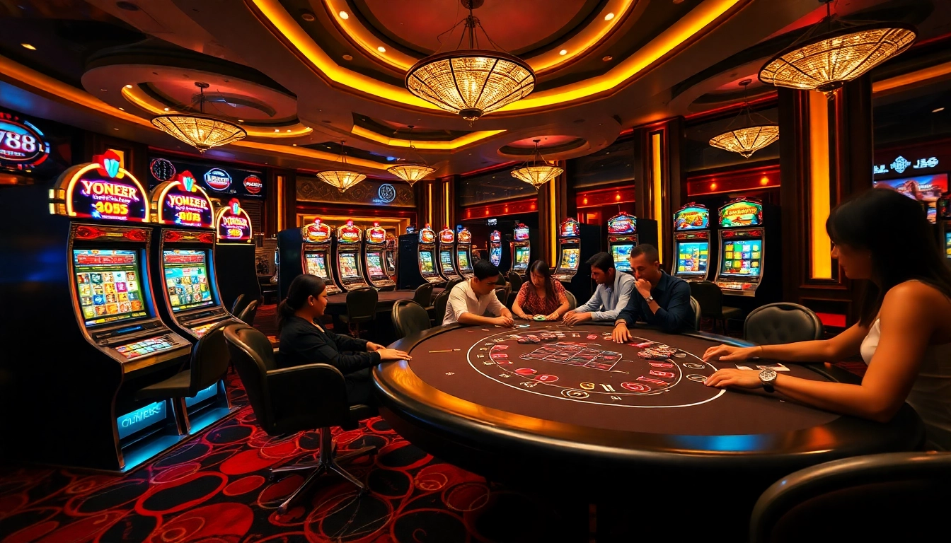 Experience the excitement of gambling at nhà cái W88 with vibrant casino tables and slot machines.