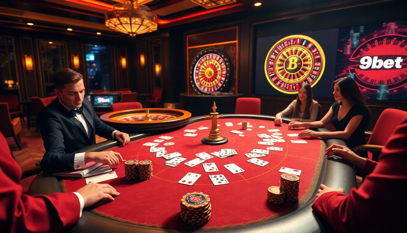 A dynamic poker game at https://9bet.com.de/, showcasing strategic players and luxurious casino decor.