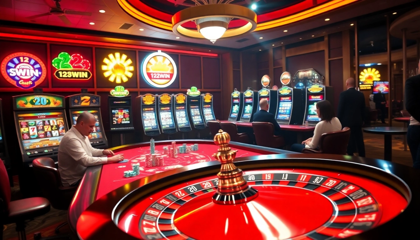 Players engaging in poker at 123WIN, surrounded by vibrant casino visuals and excitement.