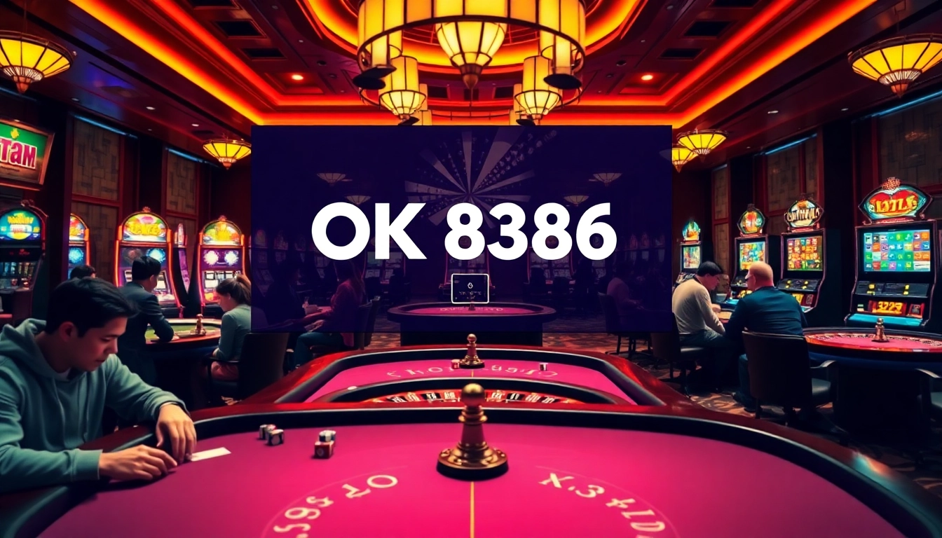 Players enjoying high-stakes gambling at a luxurious OK 8386 casino.
