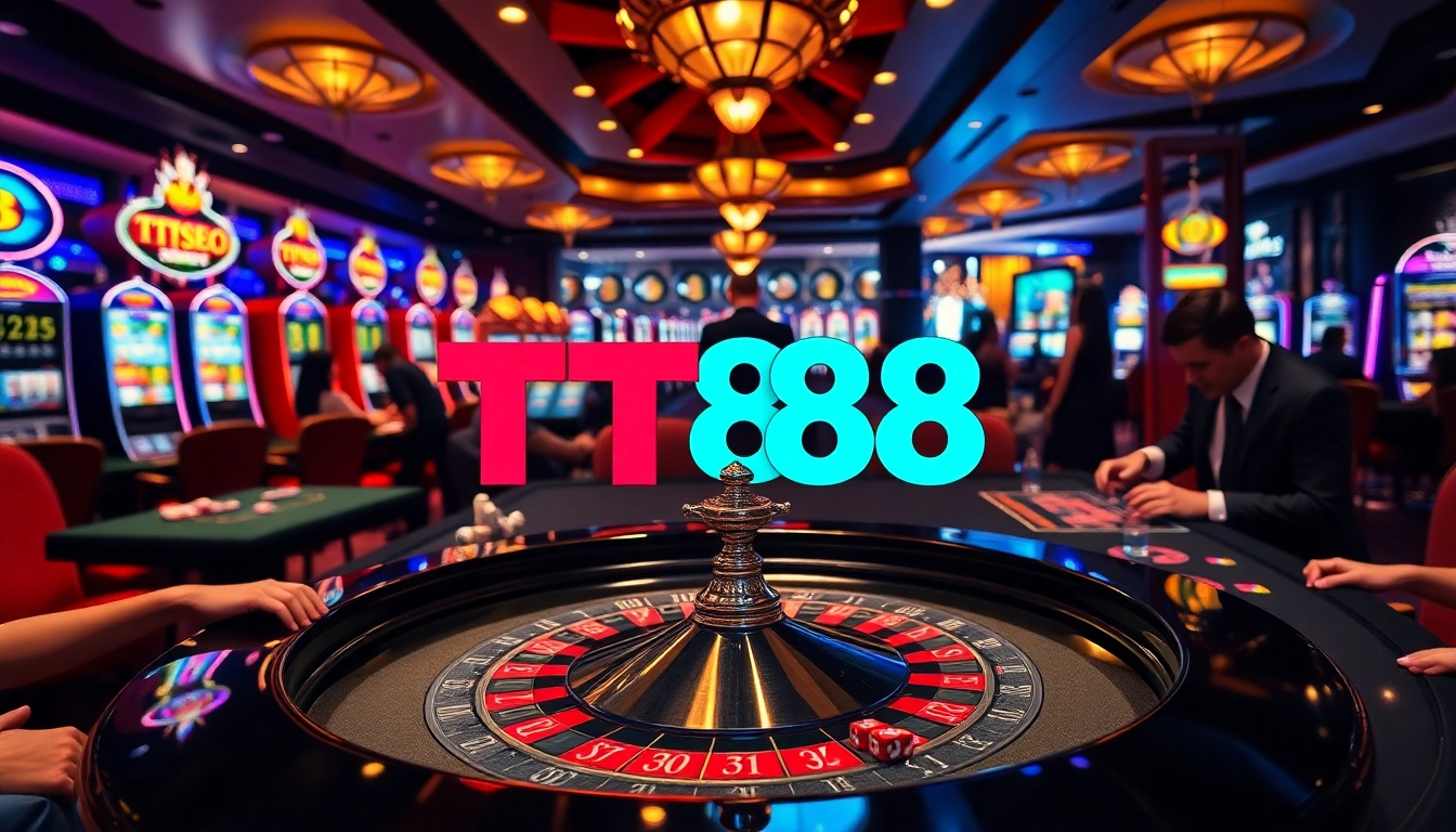 Engaging players at a TT88 branded casino, showcasing thrilling roulette action and vibrant slot machines.