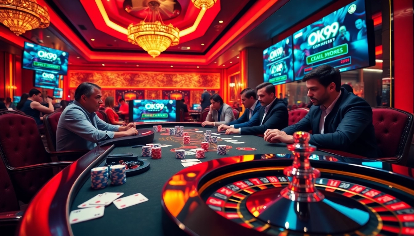 Players engaging in high-stakes poker at Ok99 casino, showcasing intense gameplay and excitement.