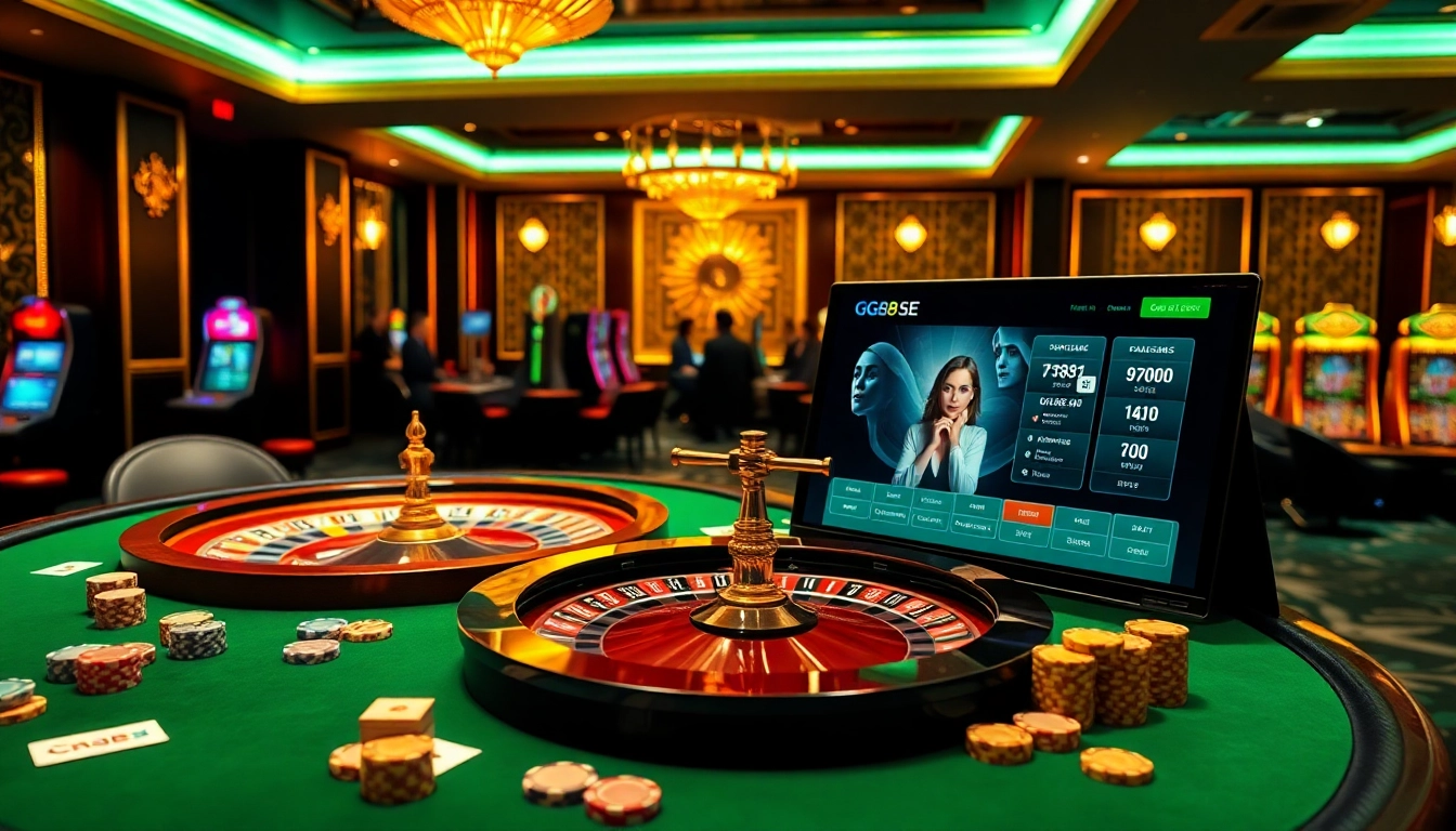 Experience the excitement of GG88 SE with a lively casino scene showcasing poker tables and roulette.