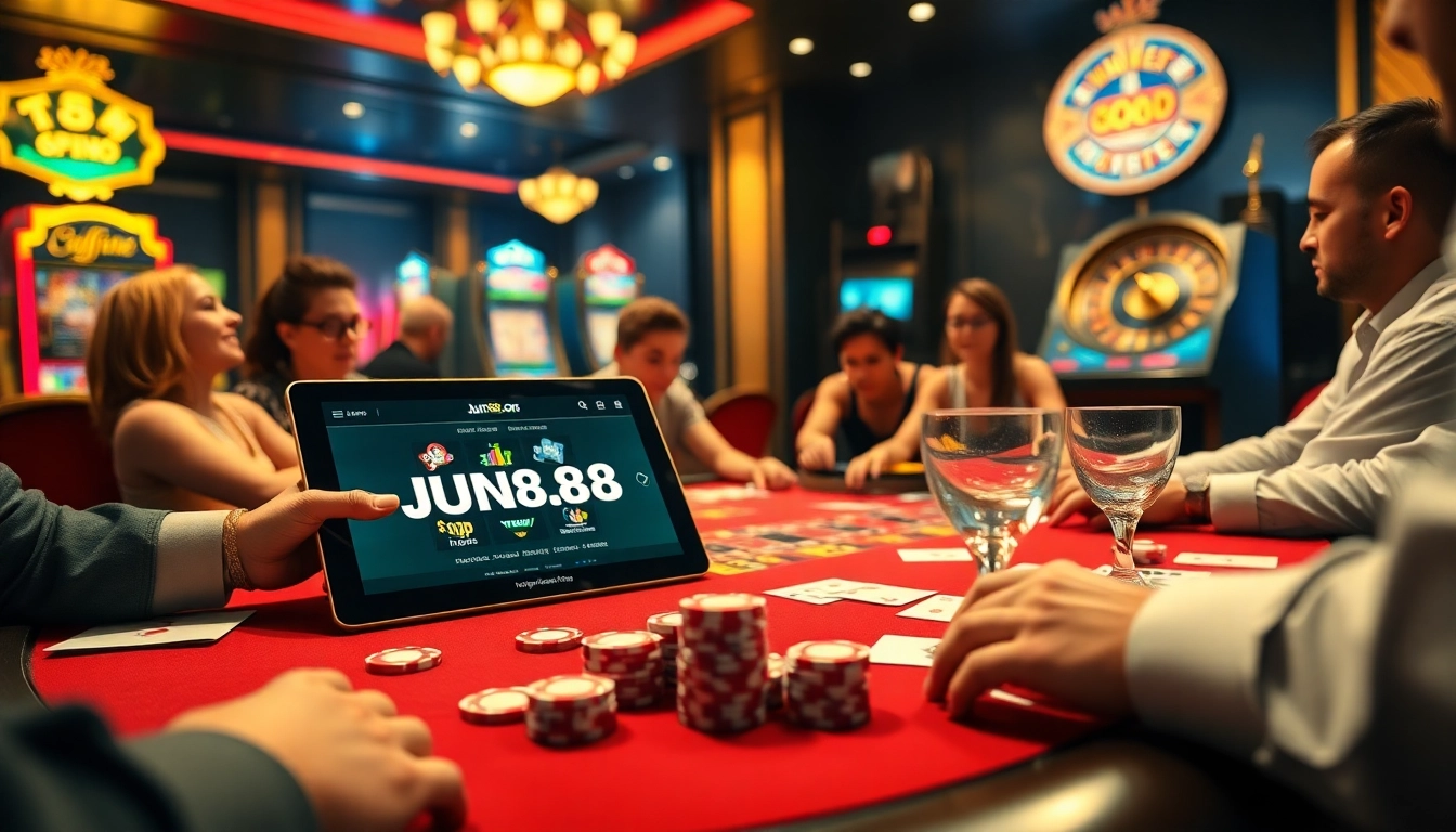 Players enjoying high-stakes poker at a glamorous casino, highlighting Jun88's exciting online offerings.