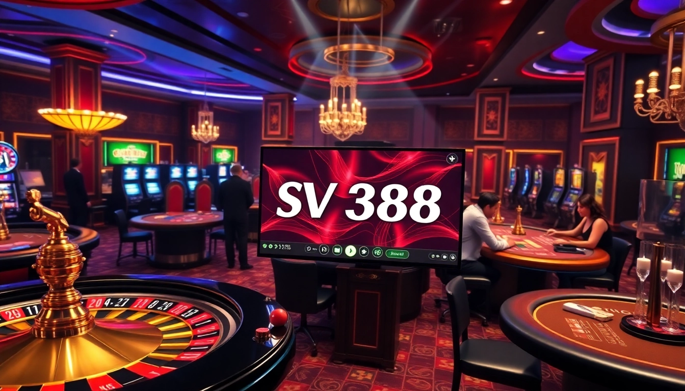 Engaged players enjoying casino games at SV 388, surrounded by vibrant roulette and poker tables.