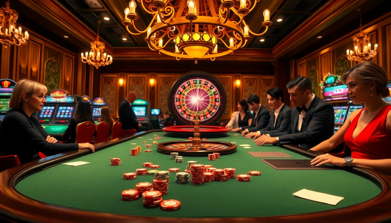 Gamblers enjoying a luxurious casino atmosphere with vibrant games at lucky88com.me, showcasing excitement and professionalism.