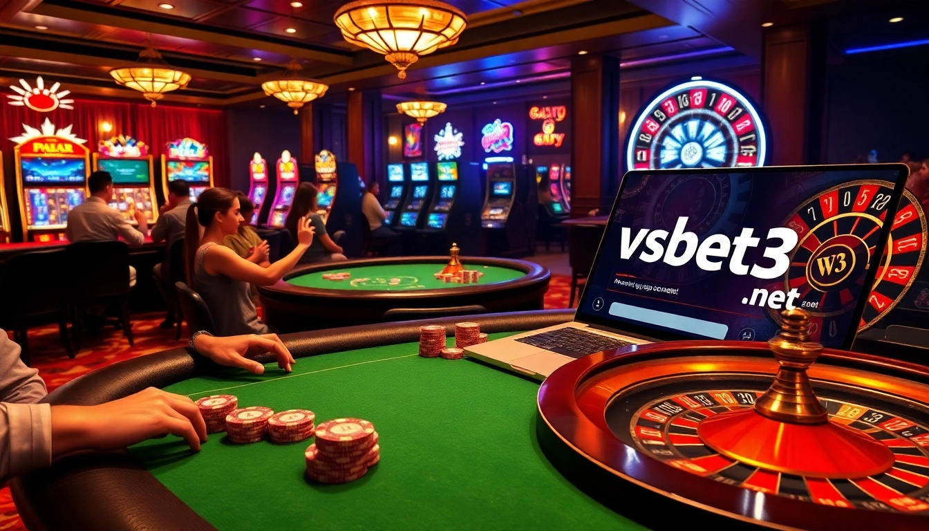 Experience the excitement at vsbet3 net with a vibrant casino scene featuring poker, roulette, and online gambling interfaces.