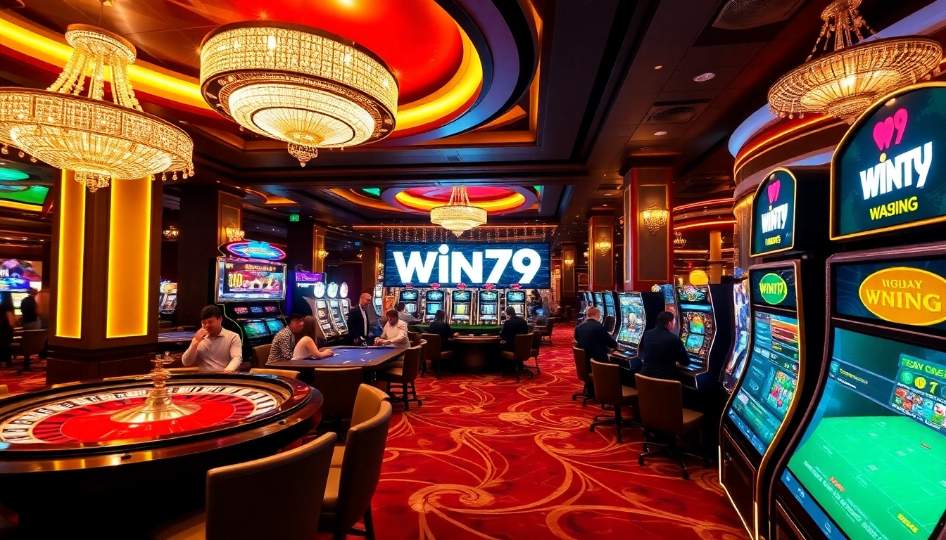 Exciting gaming scene at win79 trang chủ with roulette, poker tables, and vibrant casino atmosphere.