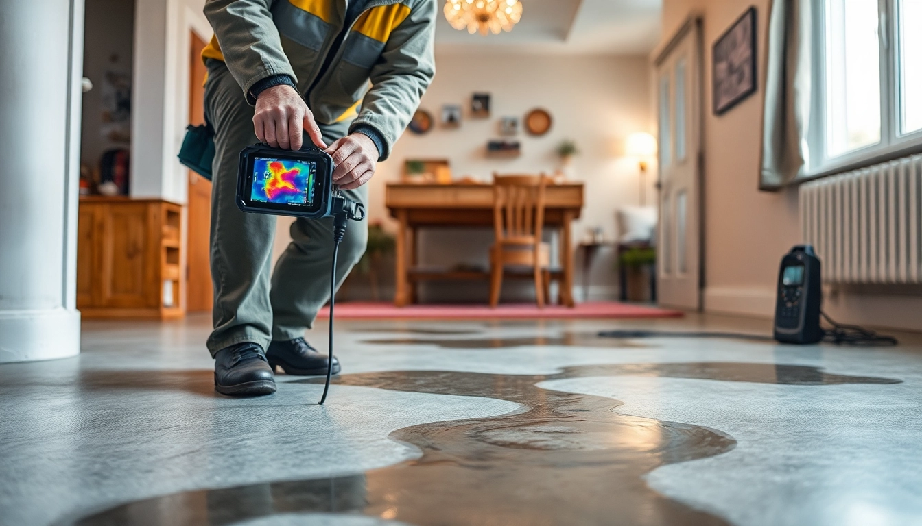 Technician checking for a leak in concrete floor using thermal imaging technology
