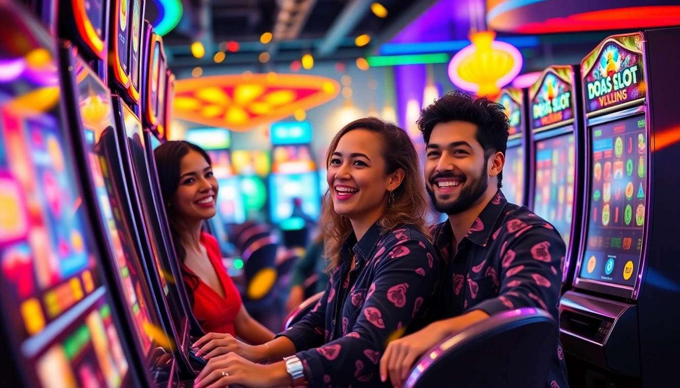 Exciting scene of players enjoying doaslot slot machines in a vibrant casino setting.