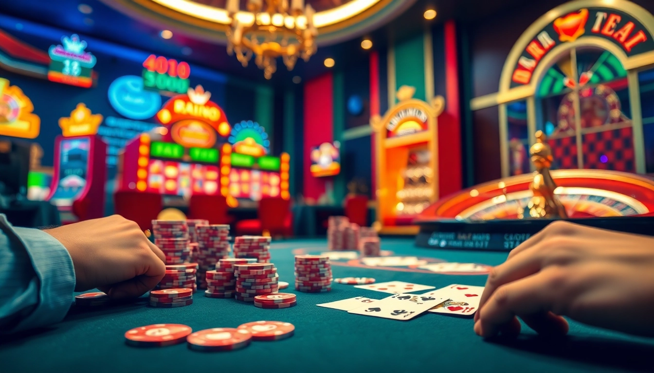 Experience high-stakes gambling with chips and cards at https://98winn.it.com/ in a vibrant casino setting.