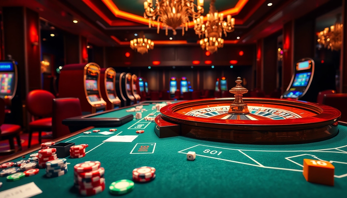 Exciting casino scene at https://jun88buzz.info/ with vibrant tables, roulette wheel, and poker chips.