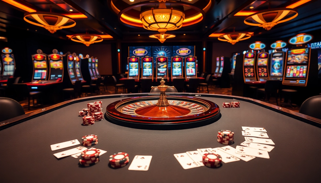 Exciting casino atmosphere showcasing gambling elements, including roulette and cards, representing https://da88.co.im/.