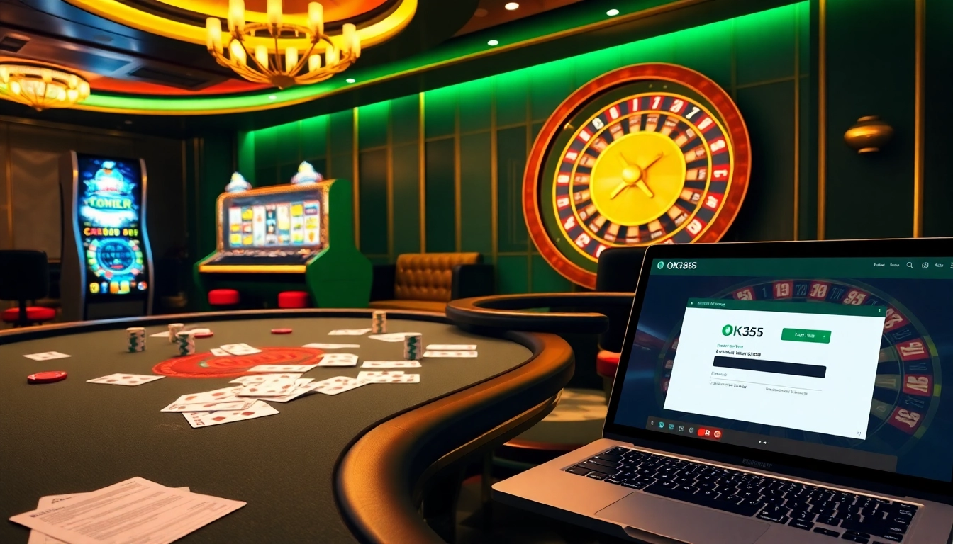 Gambling enthusiasts engaging with the OK365 login interface amidst a vibrant casino backdrop.