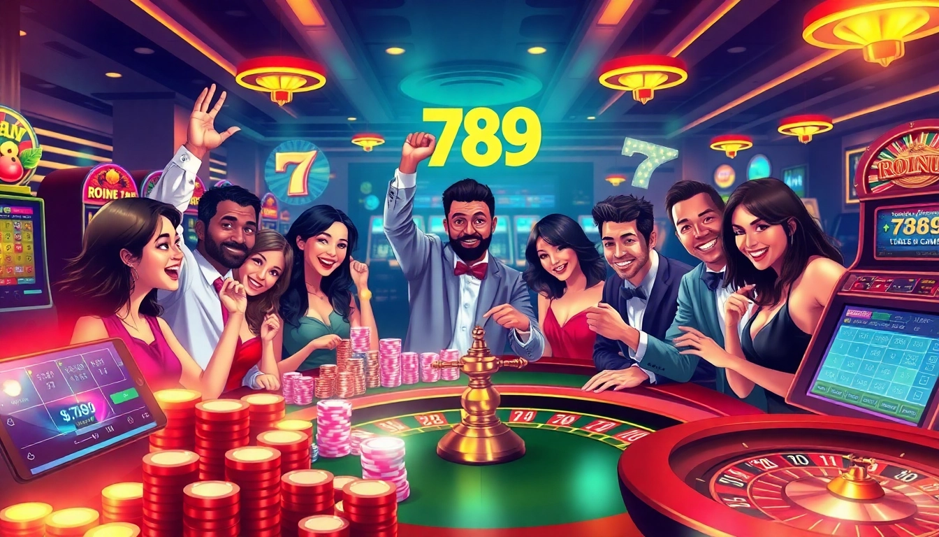 Exciting casino scene at 789bets with players celebrating wins at poker table.