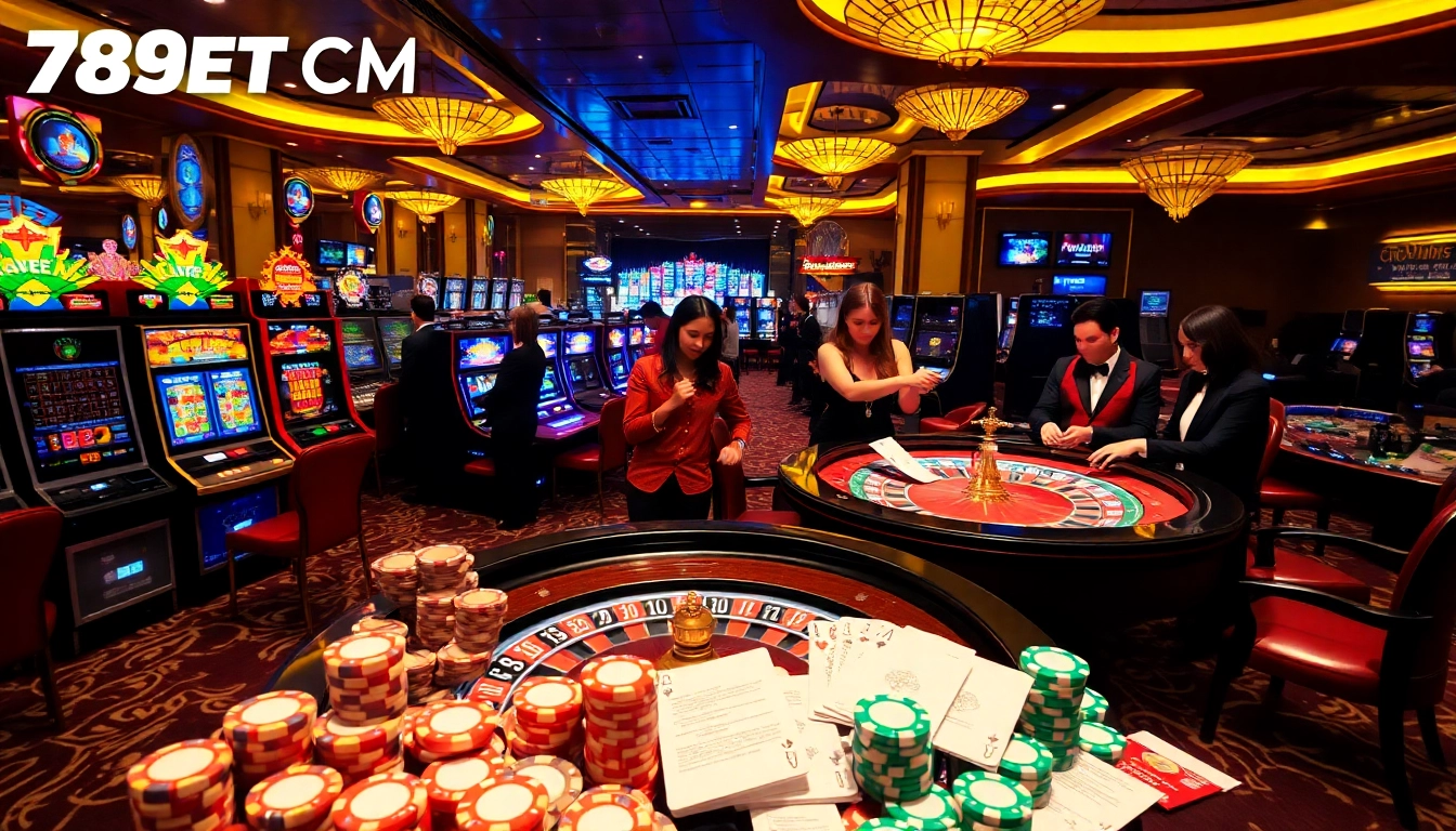 Engage in thrilling casino games at 789BET COM with vibrant slot machines and a roulette table.