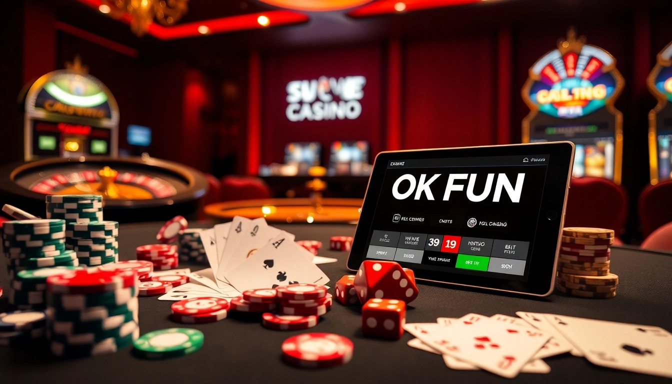 Experience the excitement at OKFUN COM with vibrant casino elements like poker chips and roulette.