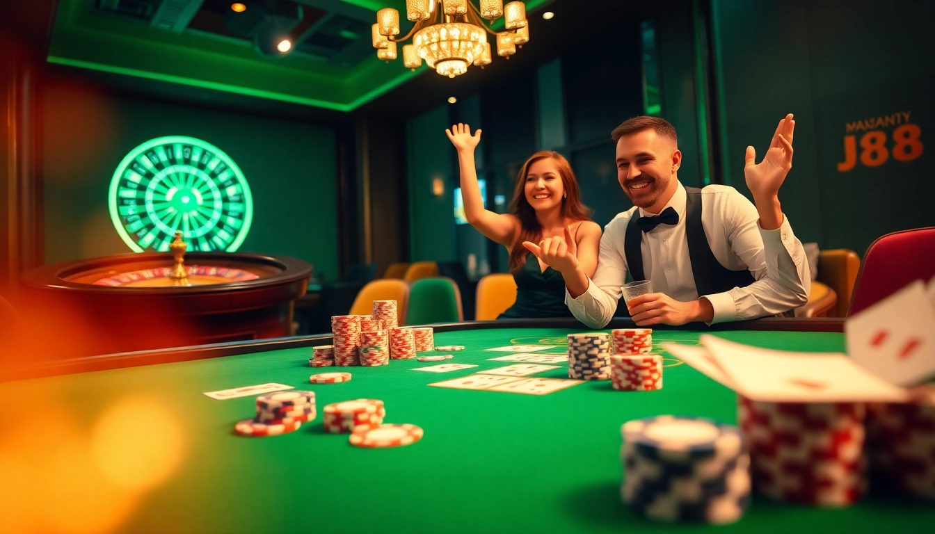Experience the excitement of j88 at a luxurious casino poker table featuring vibrant chips and cards.
