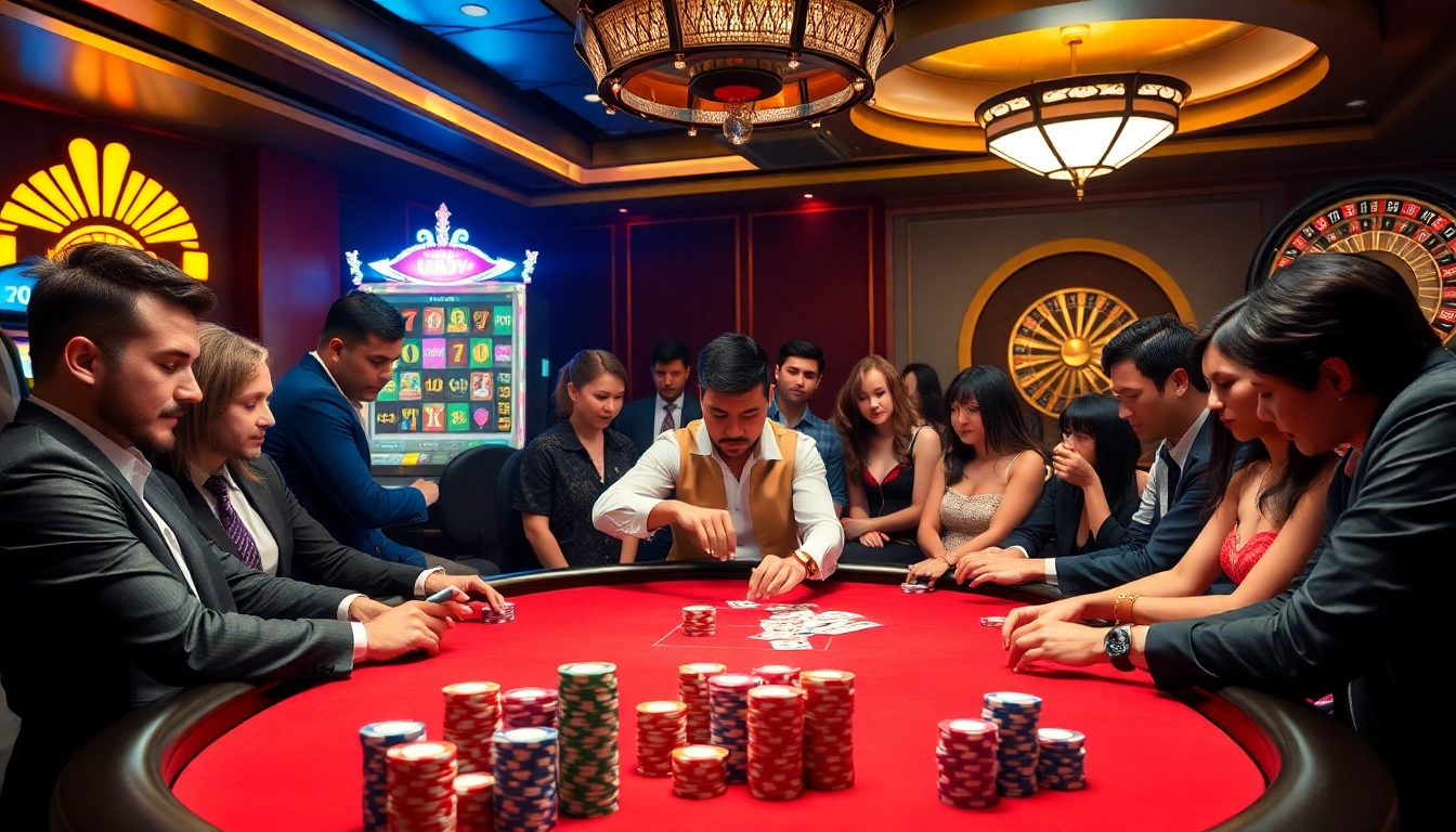 Experience thrilling gameplay at UU88's poker table with vibrant chips and intense players.