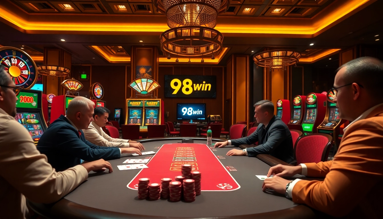 Players engaging in high-stakes poker at a vibrant '98win' casino with exciting slot machines.