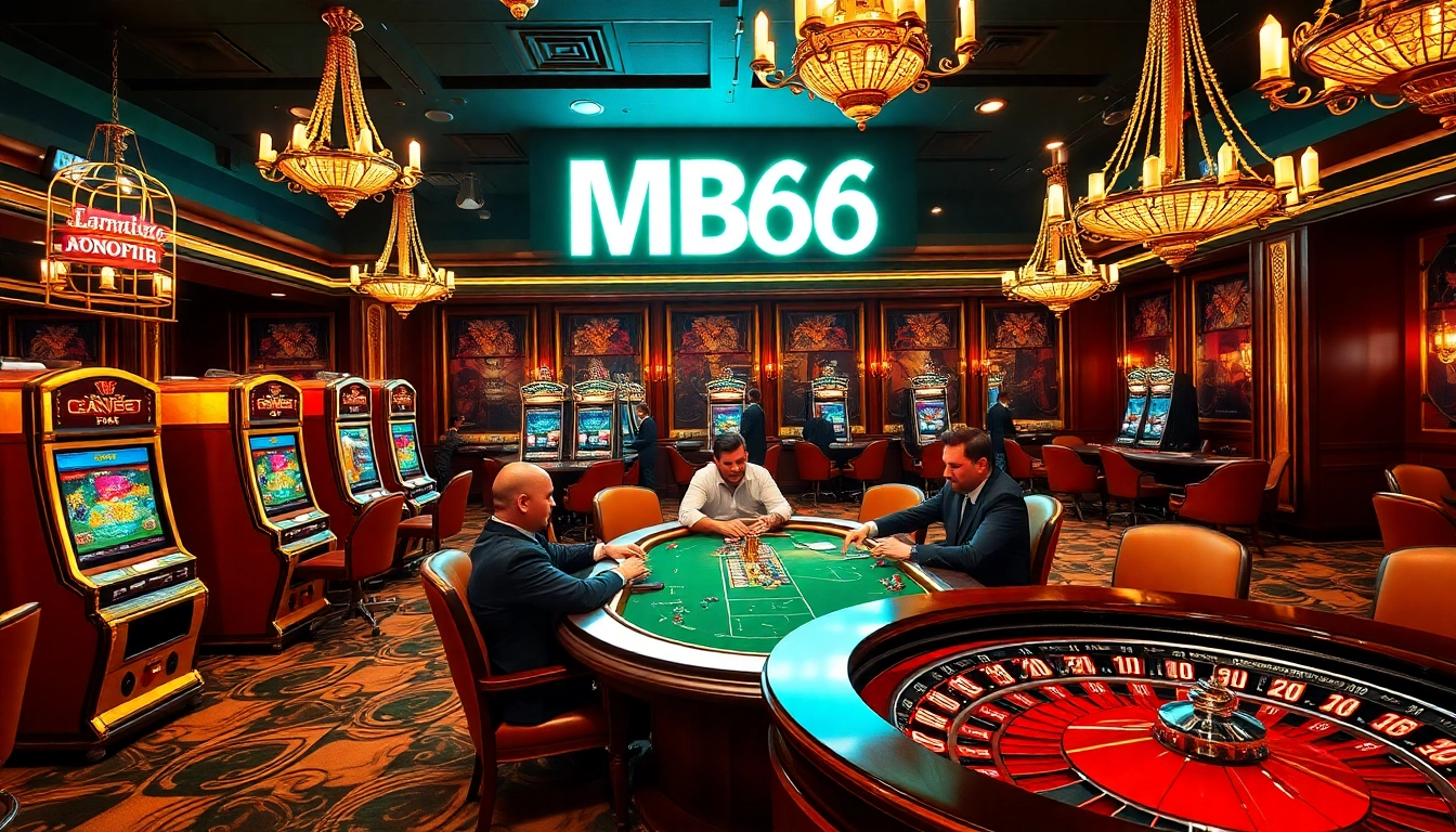 Players enjoy the thrill of betting at the MB66 casino featuring vibrant slot machines and poker games.