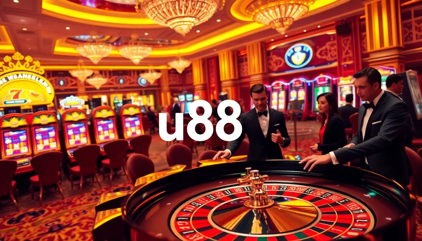 Engaging scene of u88 casino gaming with roulette table, enthusiastic players, and vibrant slot machines.