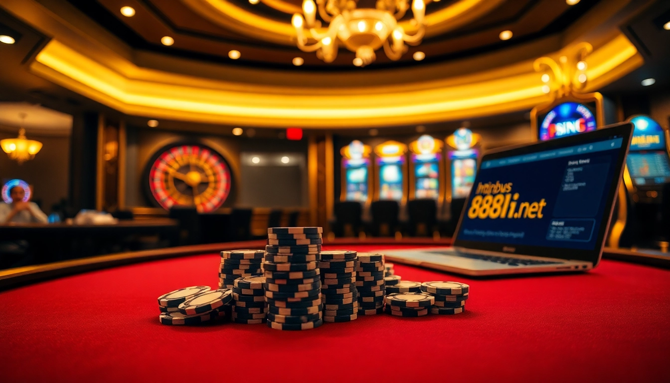 Poker chips and cards on a casino table with a visible screen of https://88i8i.net/ showcasing luxury and excitement.