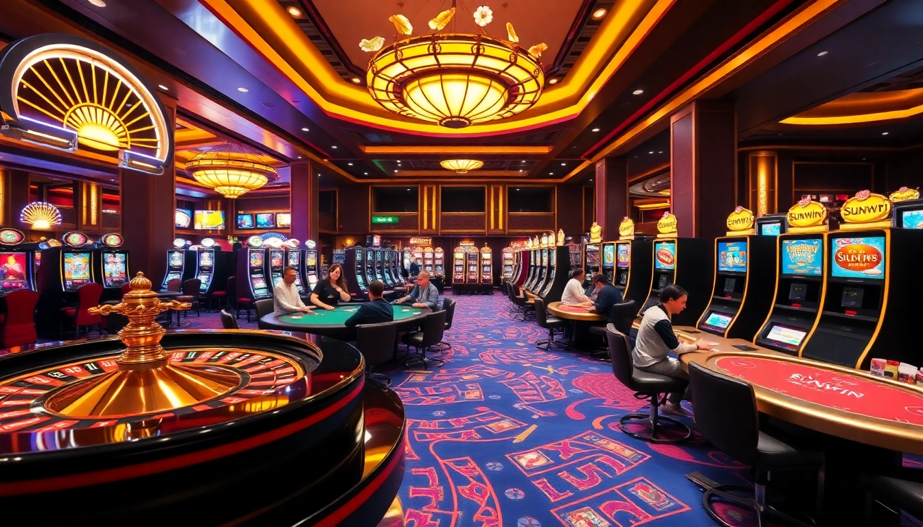 SUNWIN-themed casino with vibrant slot machines and poker tables in action.