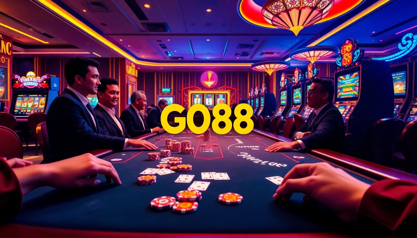 GO88 gaming scene with poker table, chips, and vibrant slot machines, representing luxury and excitement.