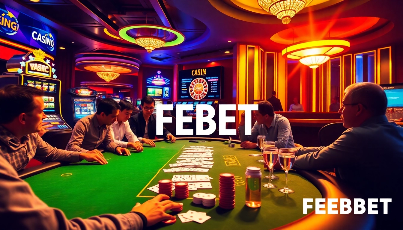 Experience the excitement of FEBET at a luxurious casino gaming floor, featuring poker tables and slot machines.