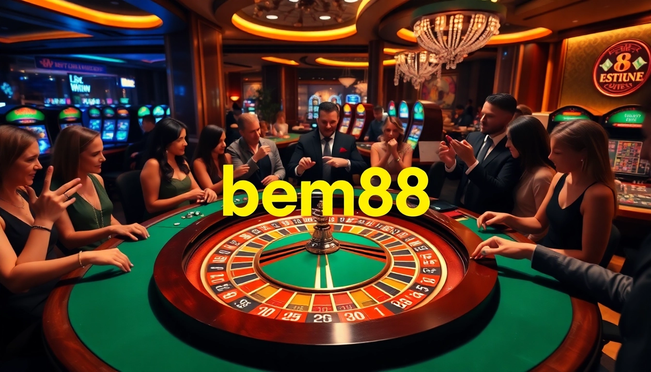 BEM88 casino scene showcasing a lively roulette table with vibrant poker chips and excited players.