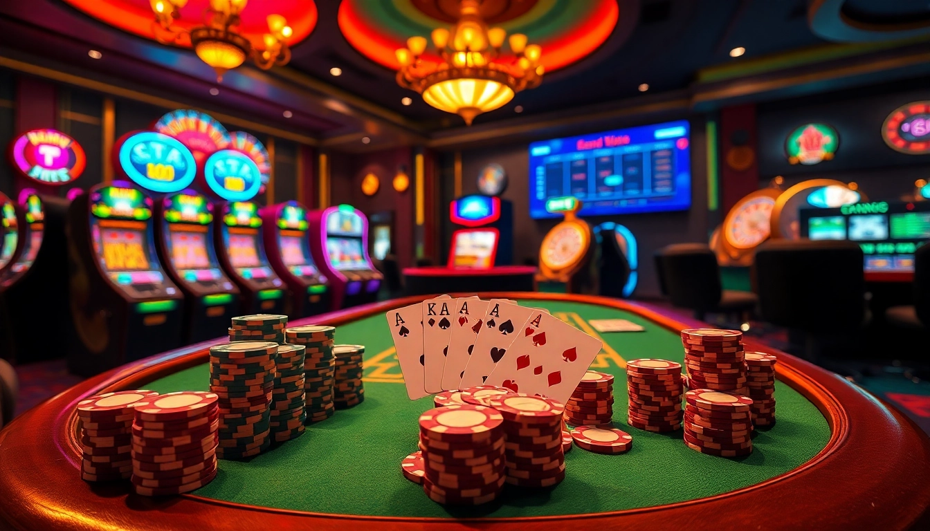 Players enjoying a thrilling game of poker at a casino table framed by 88 go and colorful slot machines.