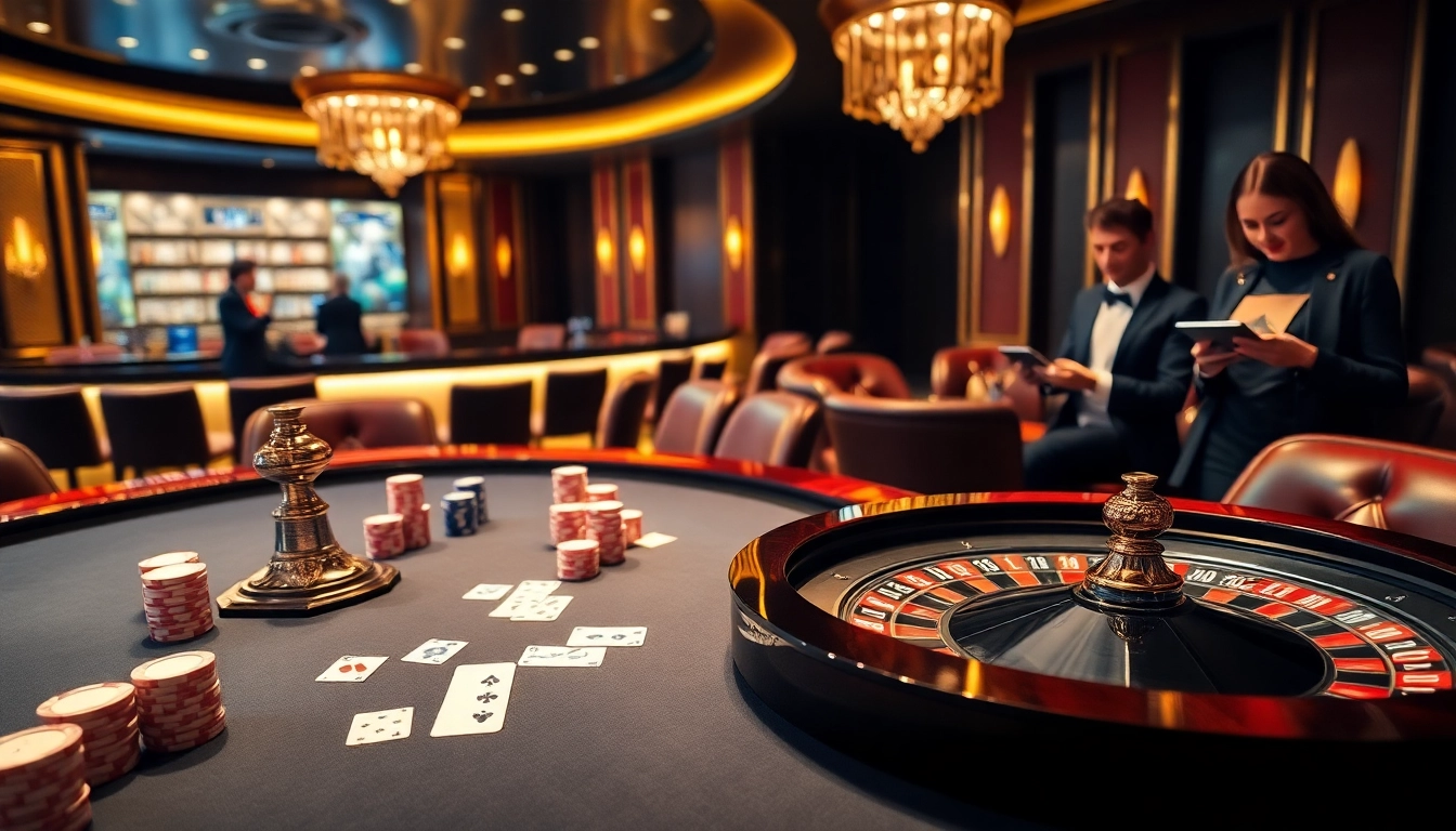 An engaging casino scene showcasing a modern gaming table with cards and chips, linking to https://xx88n.org/ for online gambling excitement.