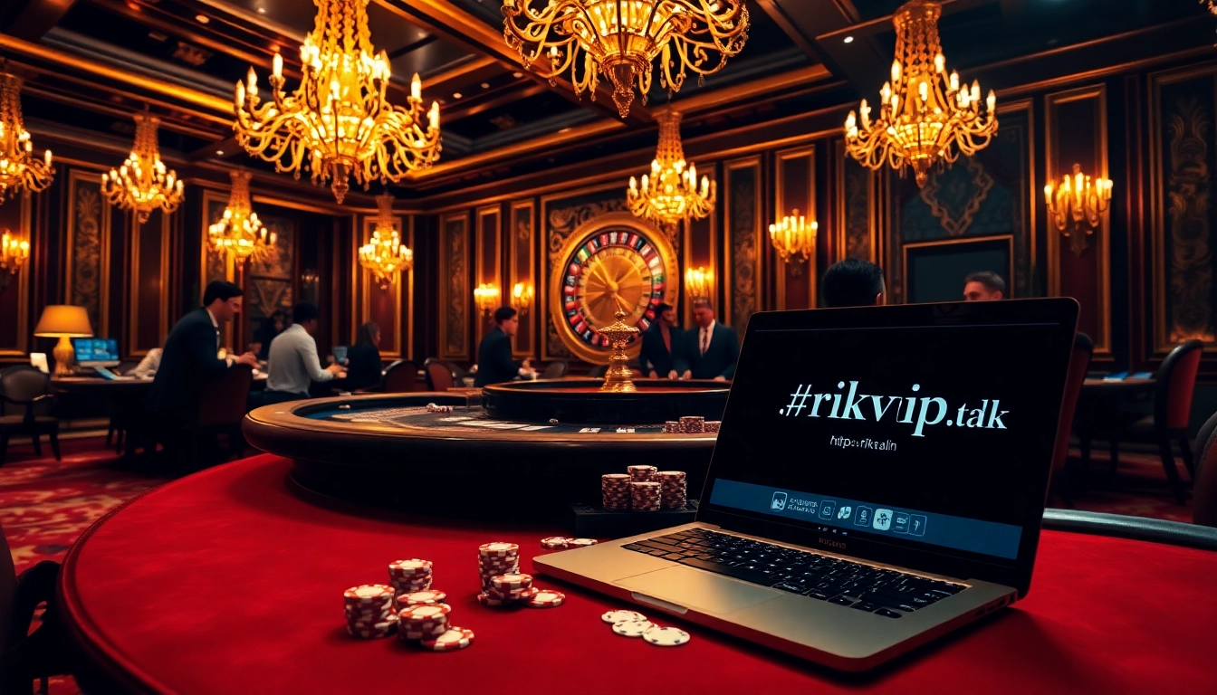 Experience thrilling gameplay at https://rikvip.talk/ in a vibrant casino setting filled with poker chips and cards.
