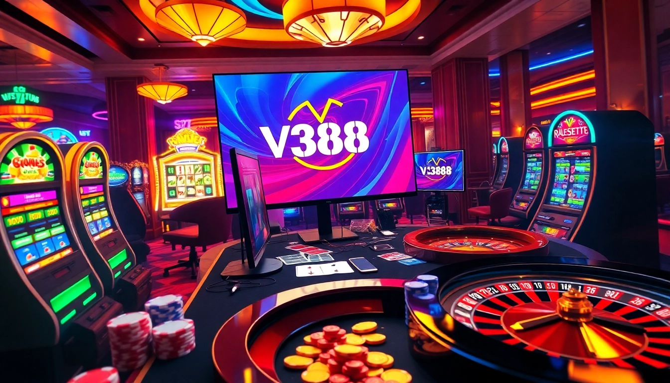 Action-packed scene showcasing SV388 online gambling activities with vibrant casino tables and machines.
