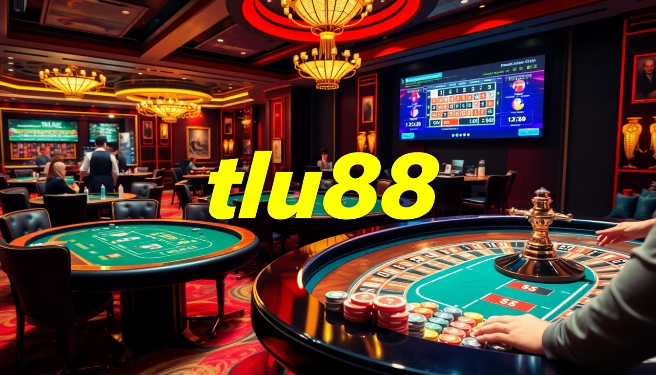 Players experiencing thrilling gameplay while tải lu88 at an upscale casino, featuring vibrant tables and exciting atmosphere.