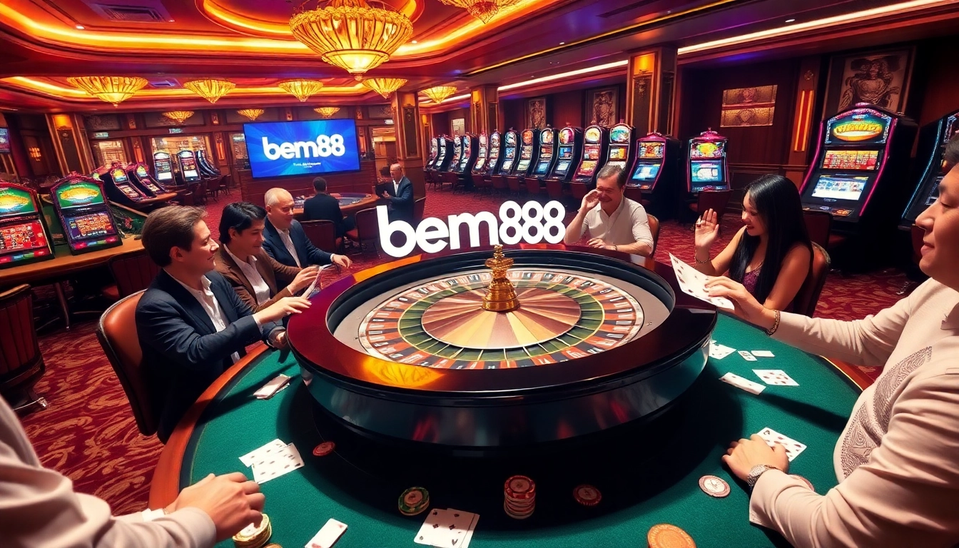 Experience the excitement of bem88 at a luxury casino with roulette, cards, and vibrant atmosphere.