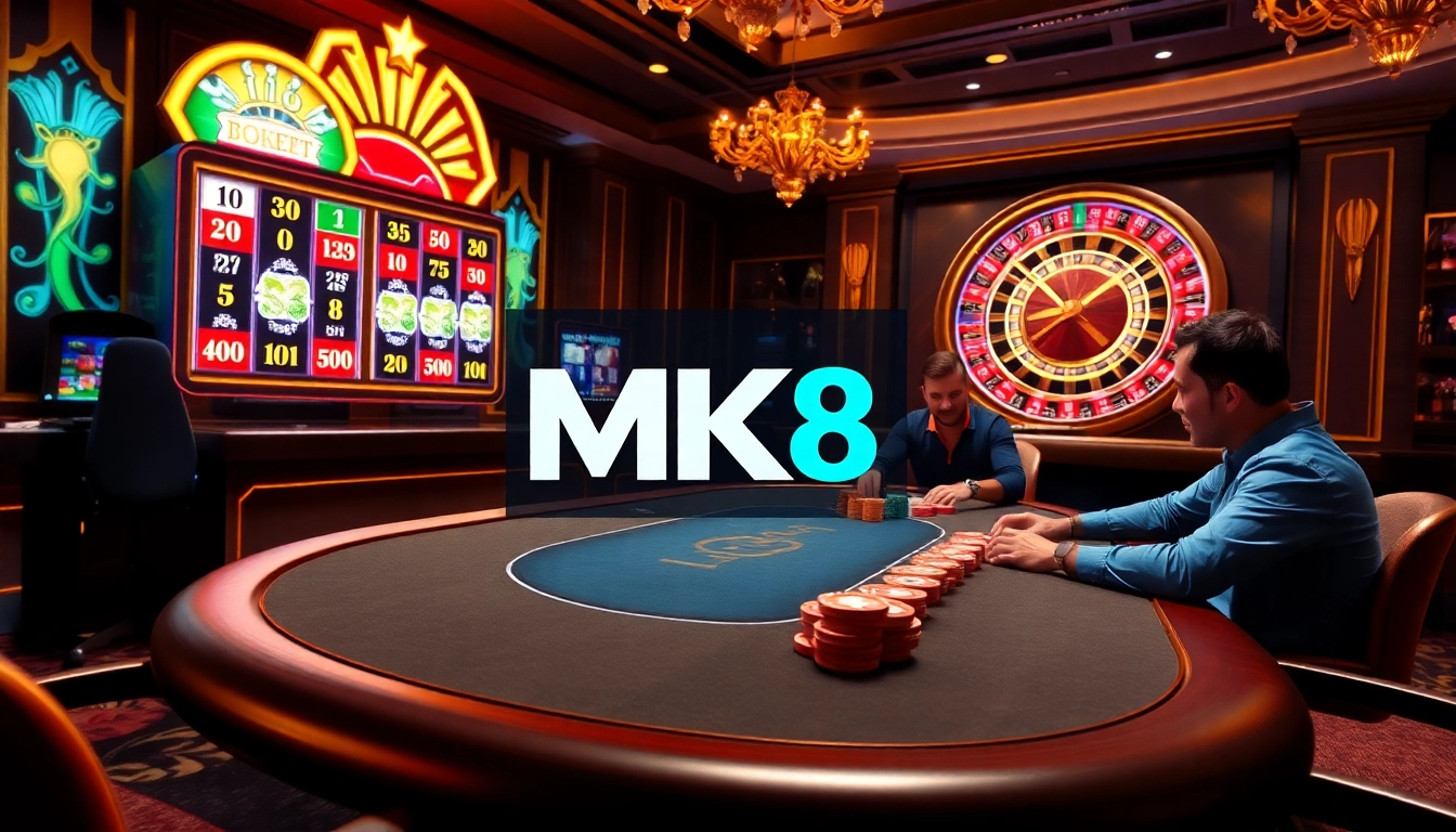 MK8 players enjoying intense poker action in a luxurious casino setting.