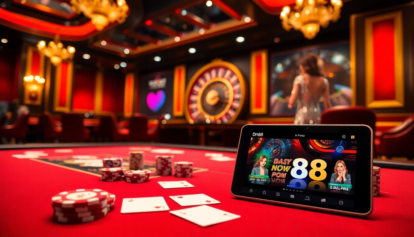 Engaging scene showing dn88 đăng nhập with casino vibes, poker chips, and roulette excitement.