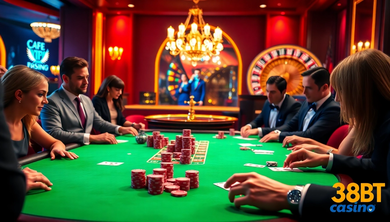 Players engaged in an exciting poker game at 388bet casino with vibrant chips and cards.