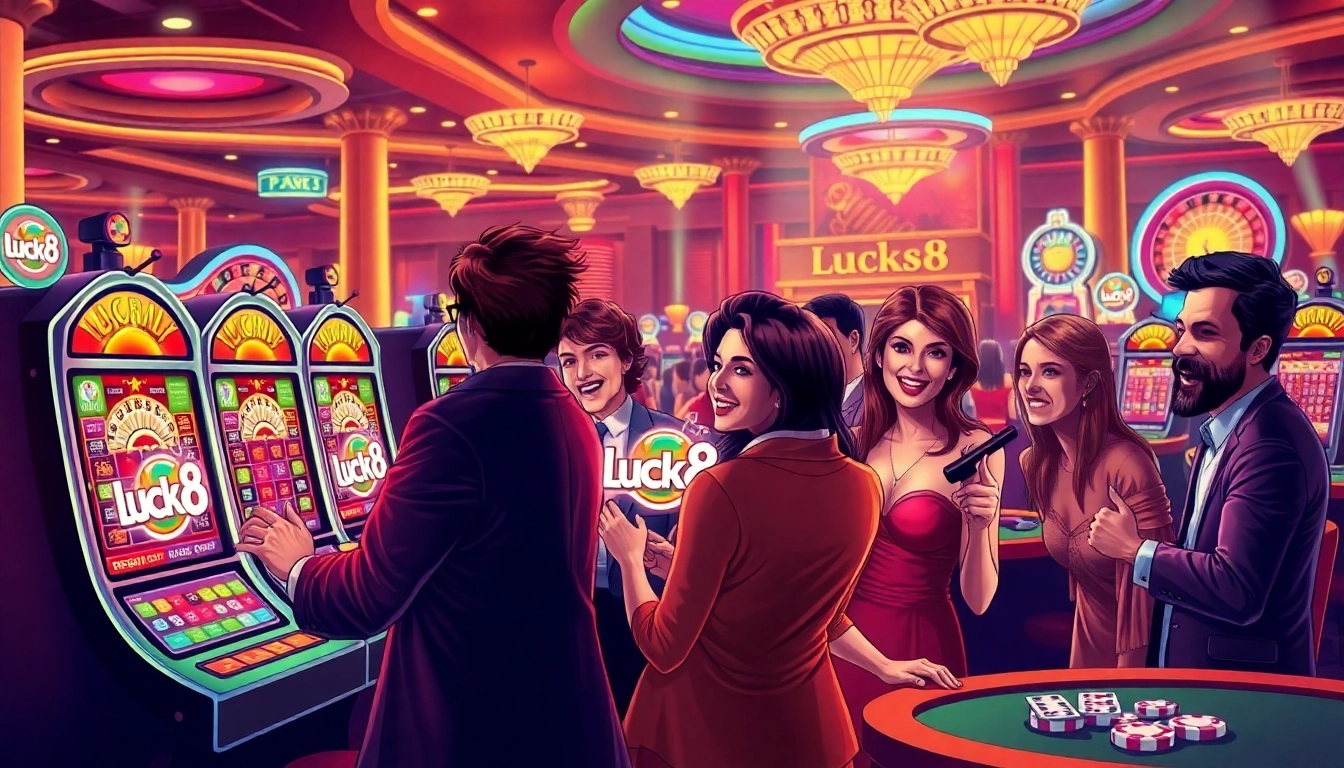 Luck8 players enjoying a thrilling casino experience with vibrant slot machines and roulette wheels.