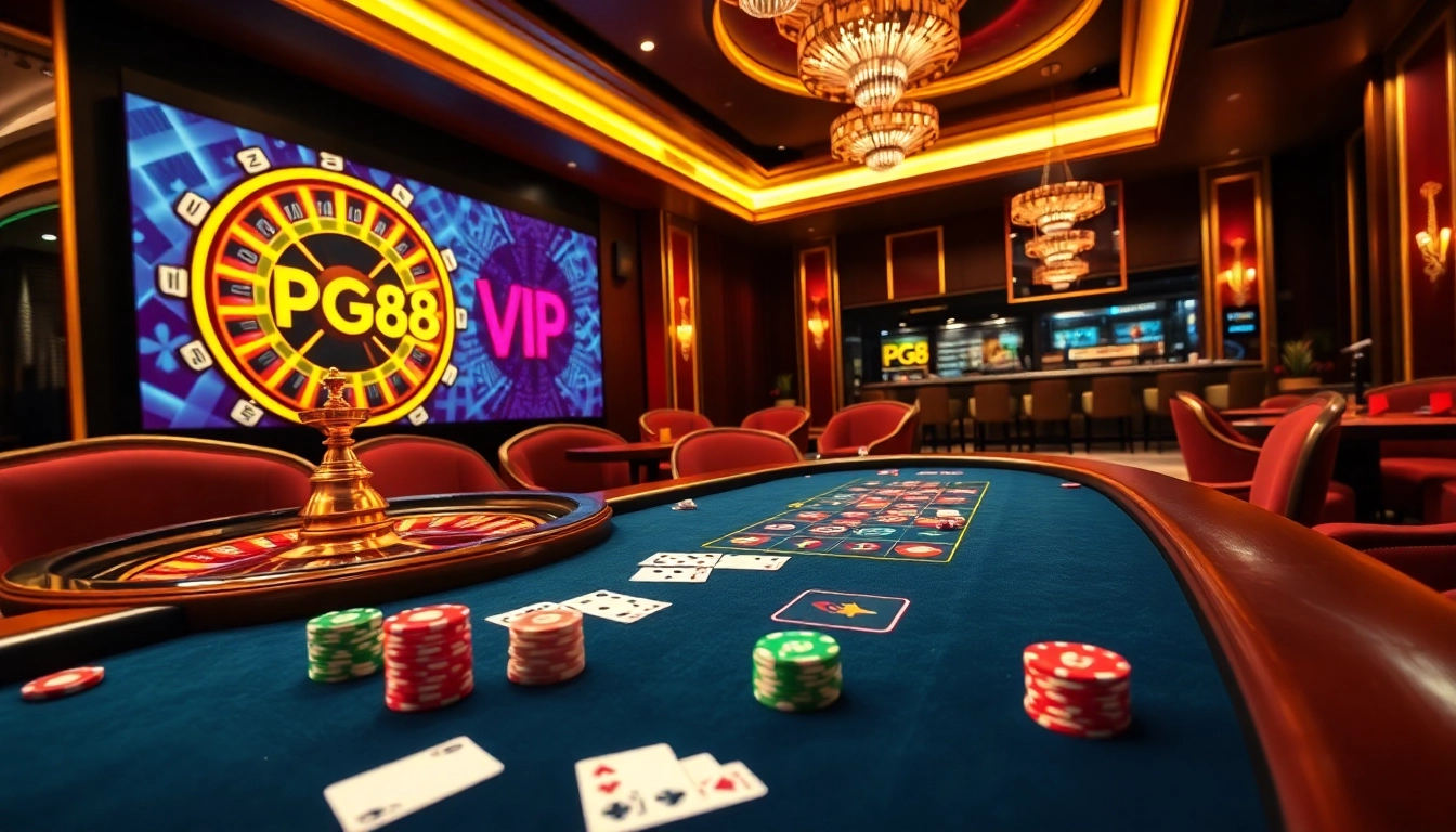 Engage with PG88 VIP at a vibrant casino scene featuring a high-stakes poker game, stacked chips, and a roulette wheel.
