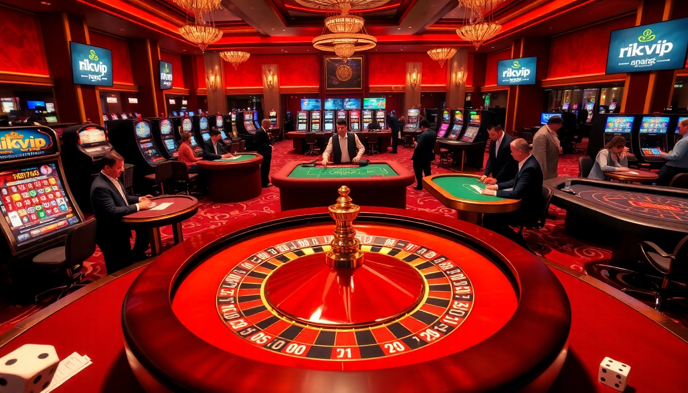 Players engaging in a thrilling casino experience at rikvip.gb.net, surrounded by roulette and slot machines.