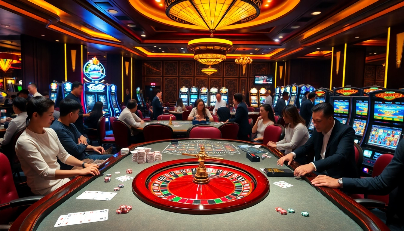 EE88 casino scene showcasing players at lively tables and vibrant slot machines.