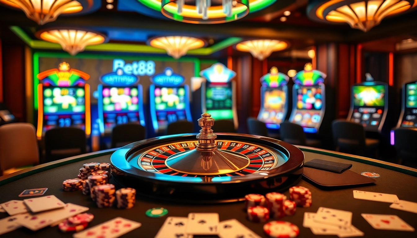 Experience the excitement of Bet88 with luxurious casino elements, including roulette and cards.