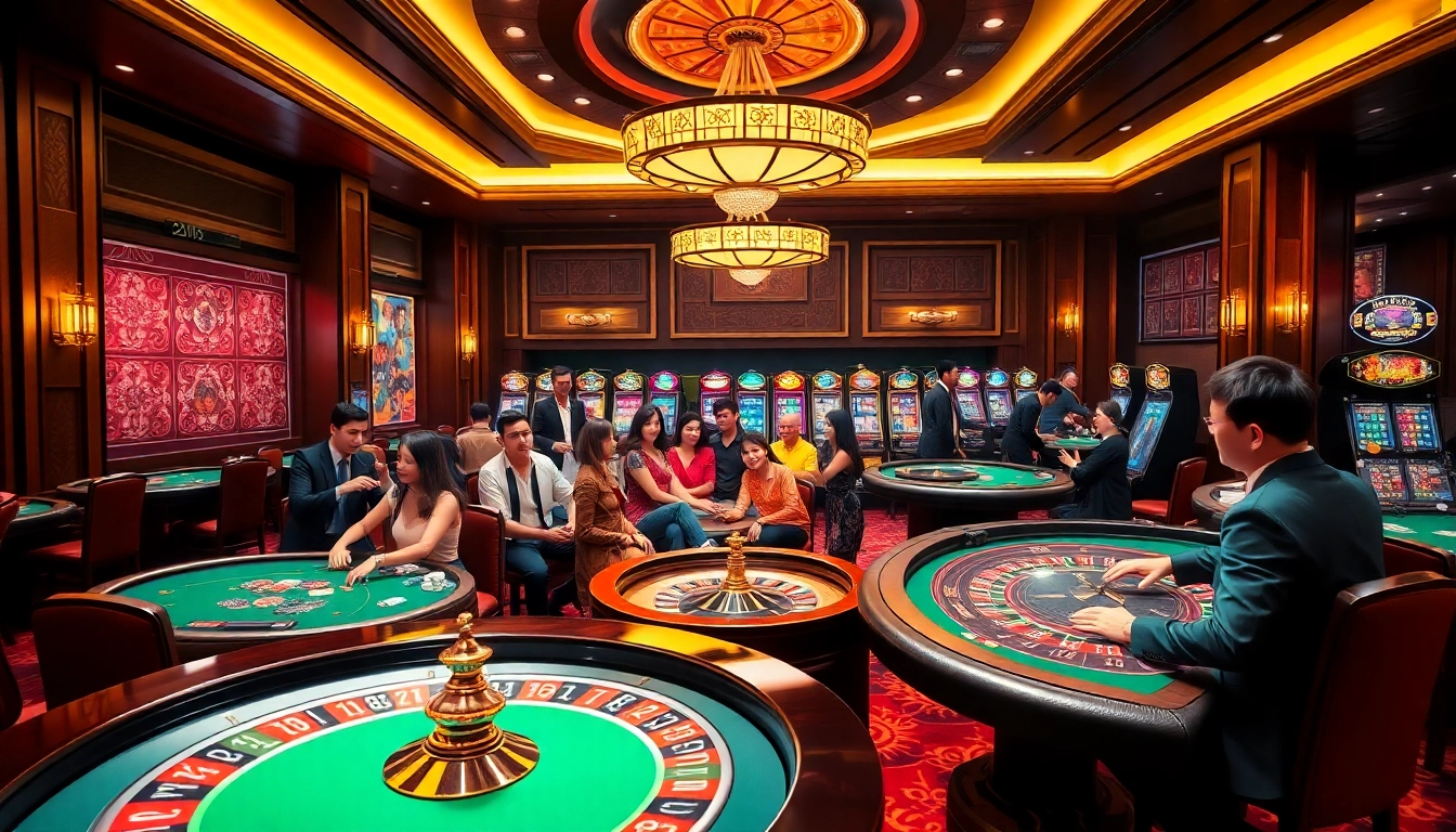 Exciting casino scene showcasing players enjoying games at J88, linking vào j88 for thrilling entertainment.