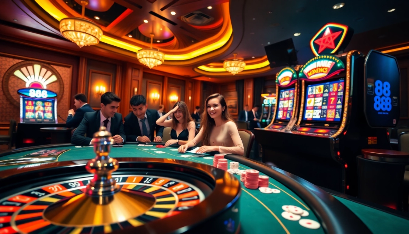 Exciting gaming action at nhà cái 888new with roulette wheel and poker players.
