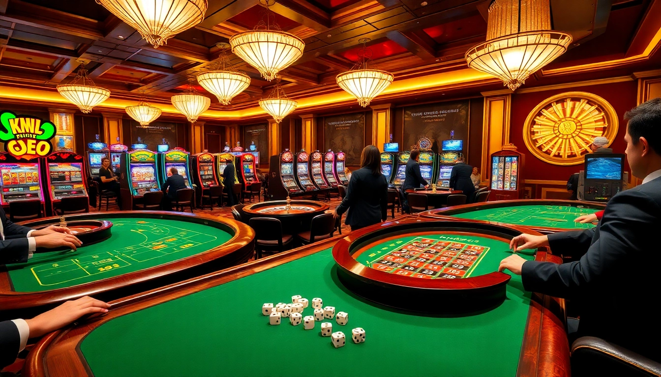 Players enjoying strategic games at https://vj88.online/ casino with vibrant tables and slot machines.