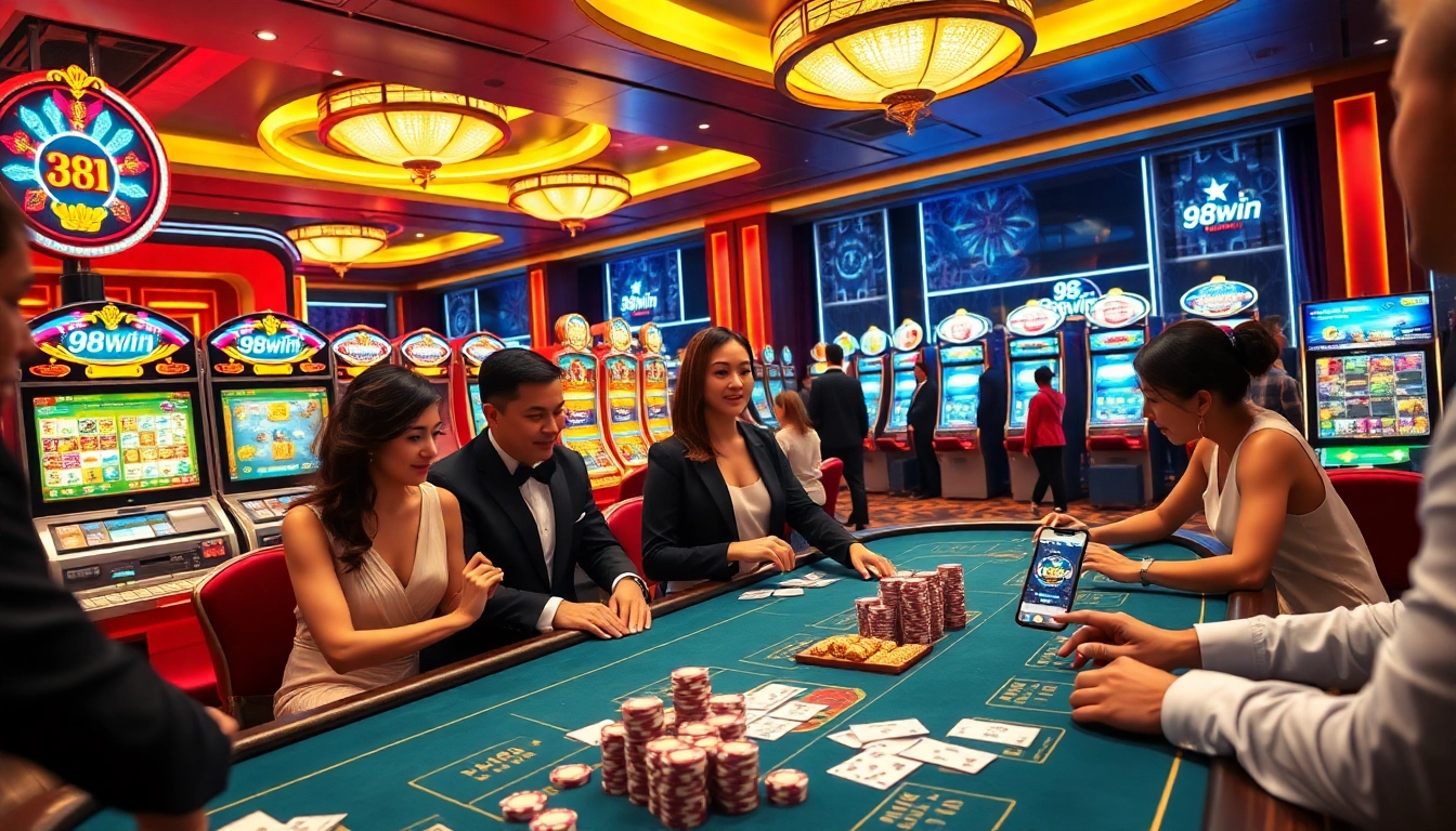 Players enjoying a thrilling casino experience at 98win with vibrant tables and slot machines.