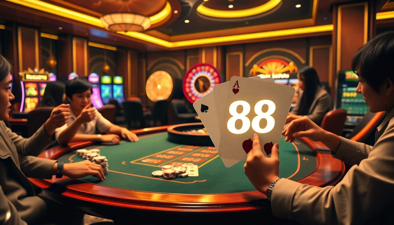 Players engaging in high-stakes poker at TX88 casino, capturing excitement and luxury in gambling.